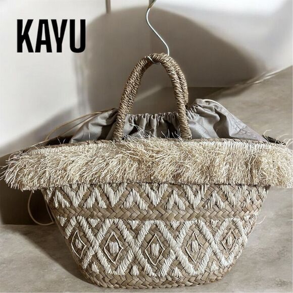 KAYU Women's Handwoven Natural Straw Basket Fully Lined Tote Drawstring Closure - Picture 8 of 12
